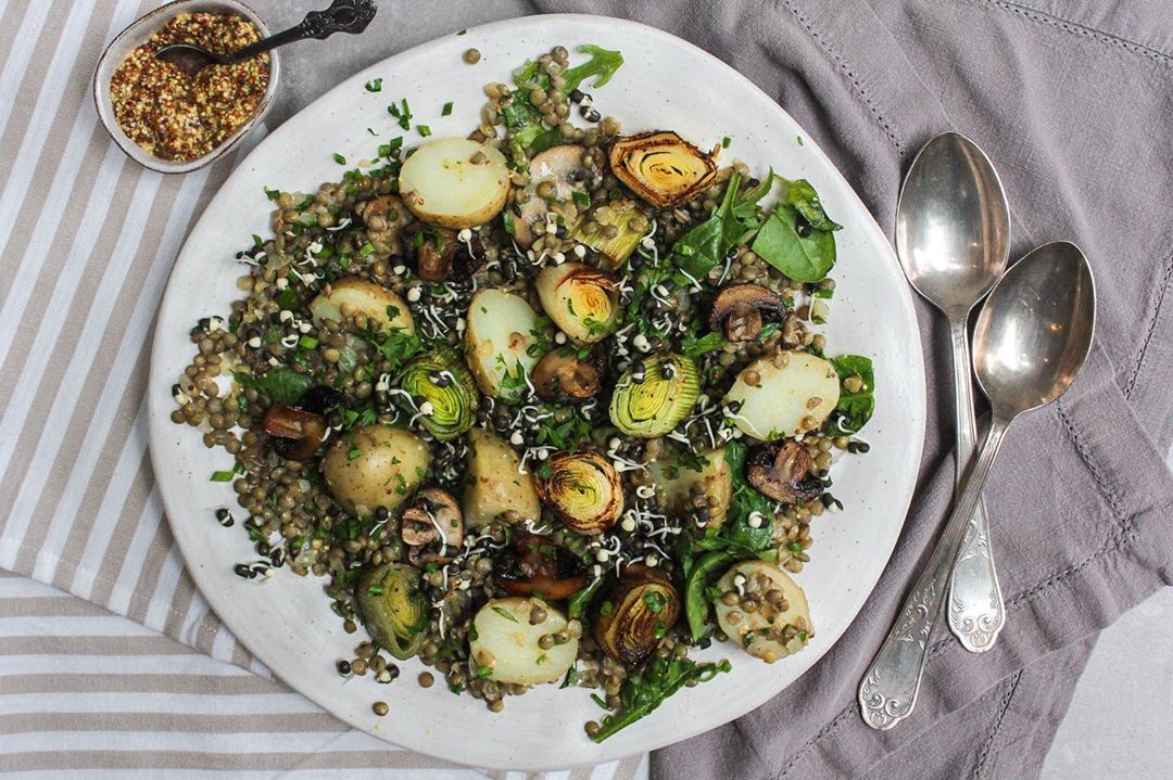 Warm Lentil Salad with Roasted Vegetables and Mustard Dressing