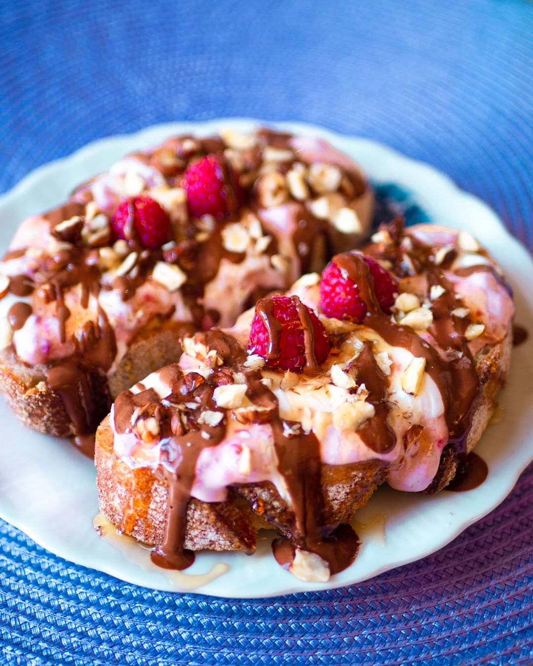 Raspberry Coconut Cream Toast with Chocolate and Hazelnuts