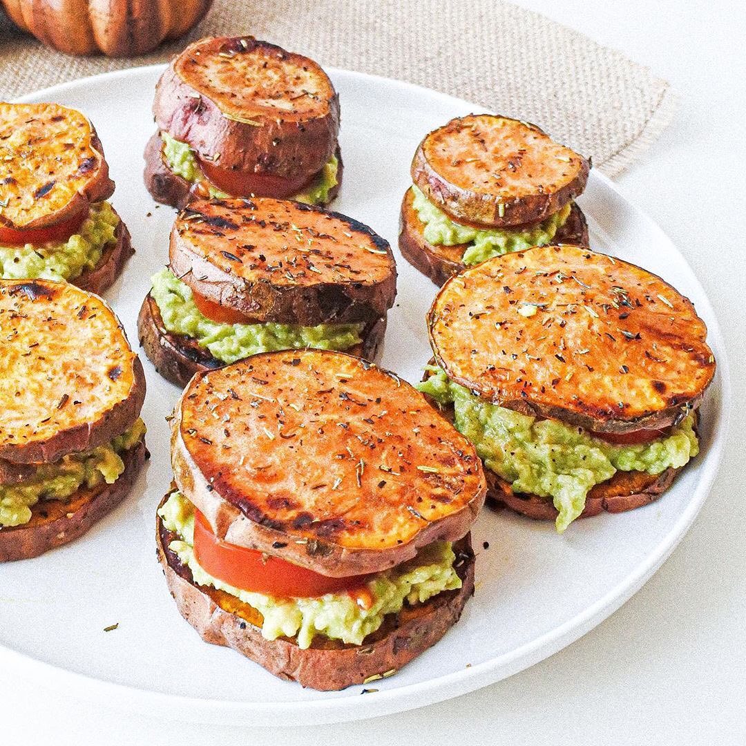 Roasted Sweet Potato Snack with Avocado and Tomatoes