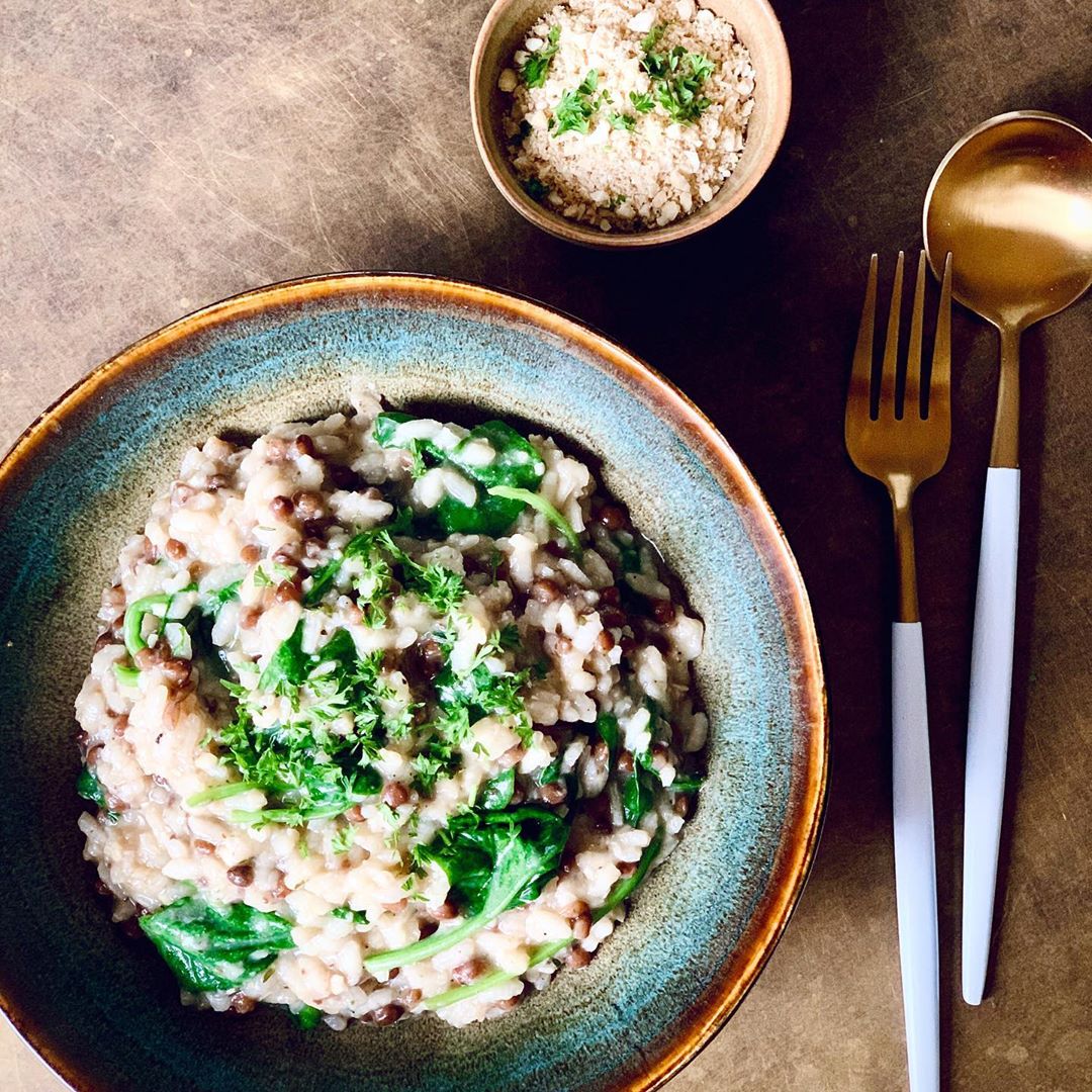 Miso Shiitake Mushroom Risotto with Spinach and Lentils