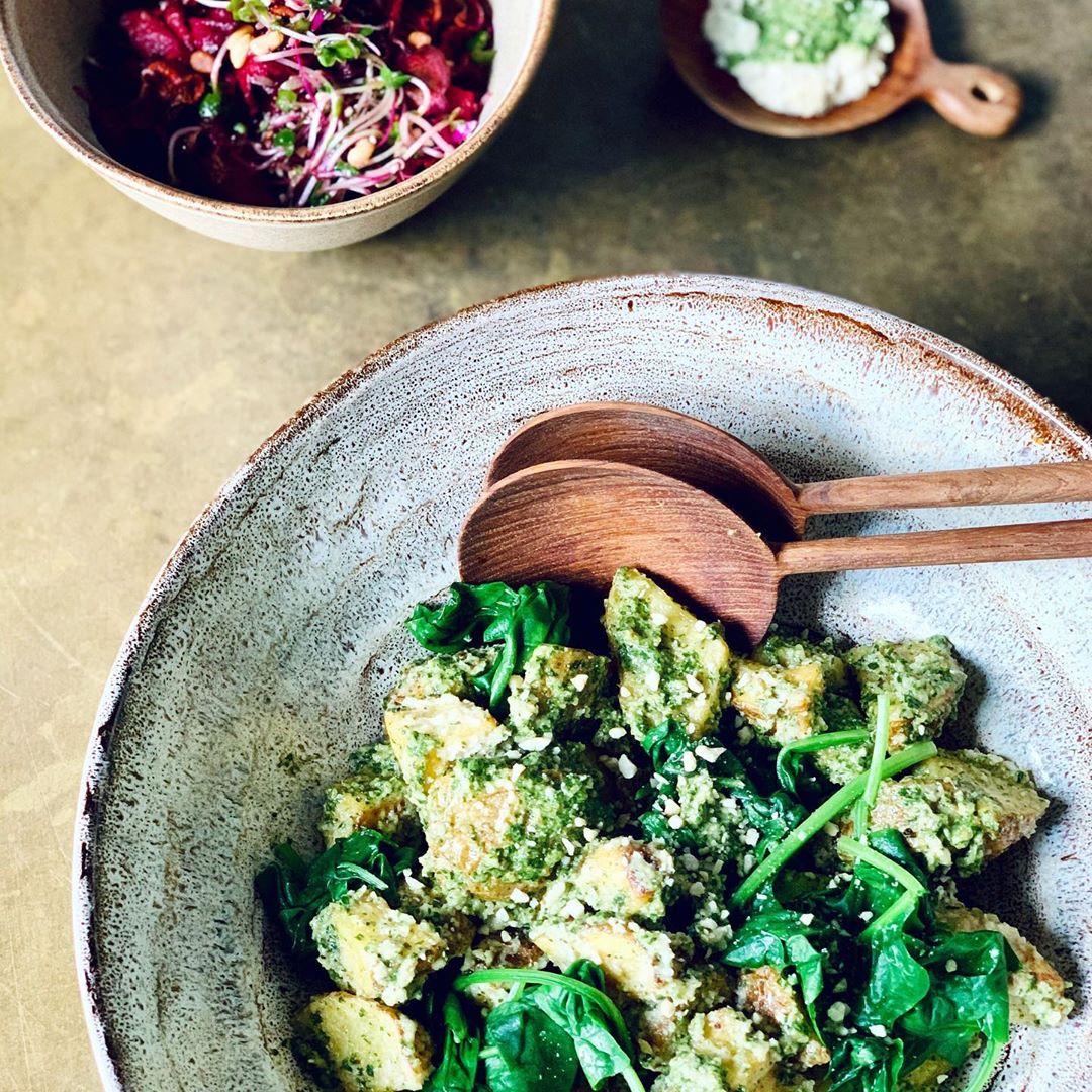 Light and Creamy Pesto Roast Potato Spinach Salad