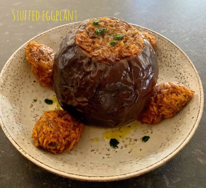 Stuffed Eggplant with Rice and Veggies
