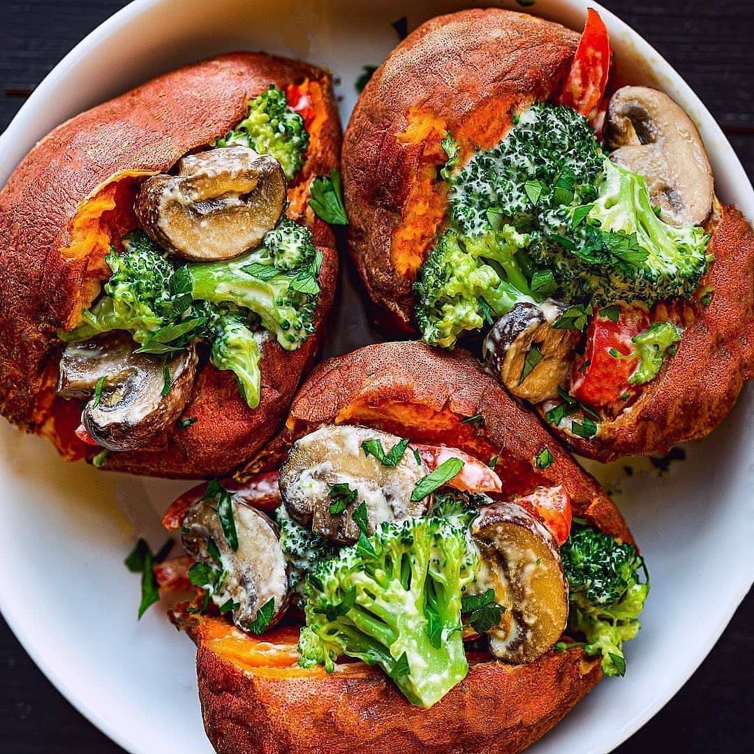 Cheesy Veggie Loaded Sweet Potatoes