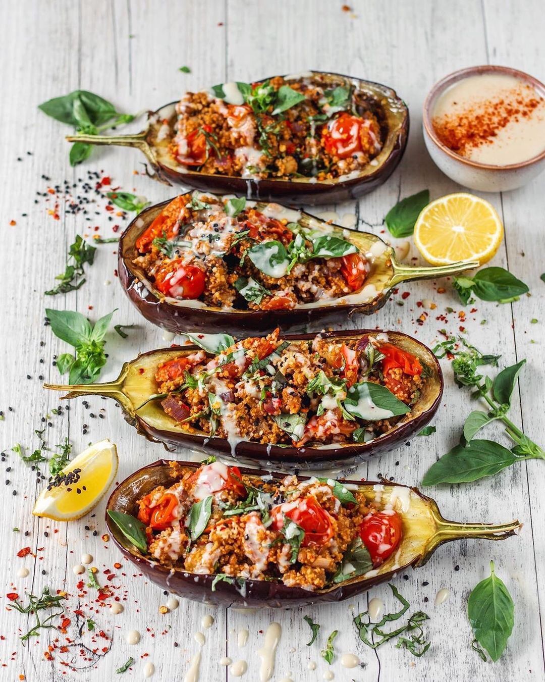 Couscous Lentil Stuffed Eggplant with Tahini Sauce