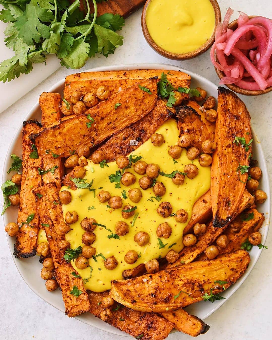Cheesy Sweet Potato Fries with Crispy Chickpeas