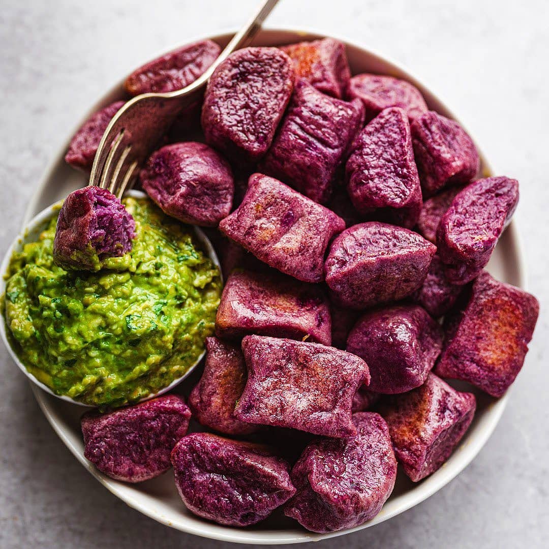Purple Sweet Potato Gnocchi with Green Pea Avocado Pesto