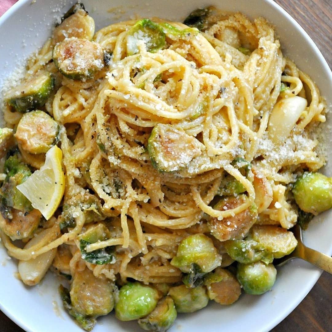 Vegan One Pot Creamy Garlic Brussels Sprouts Pasta