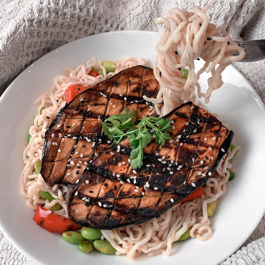 Miso Grilled Aubergine with Rice Noodles and Edamame