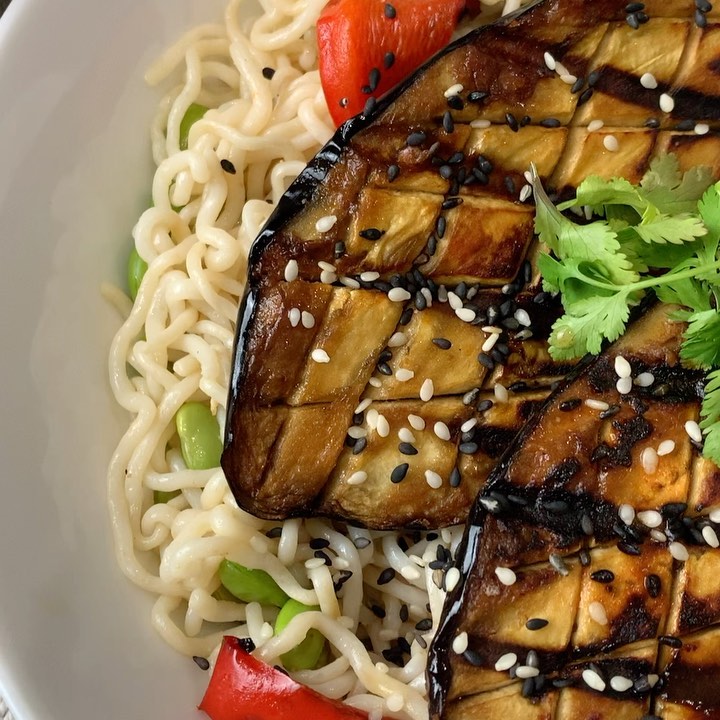 Miso Grilled Aubergine with Rice Noodles and Edamame