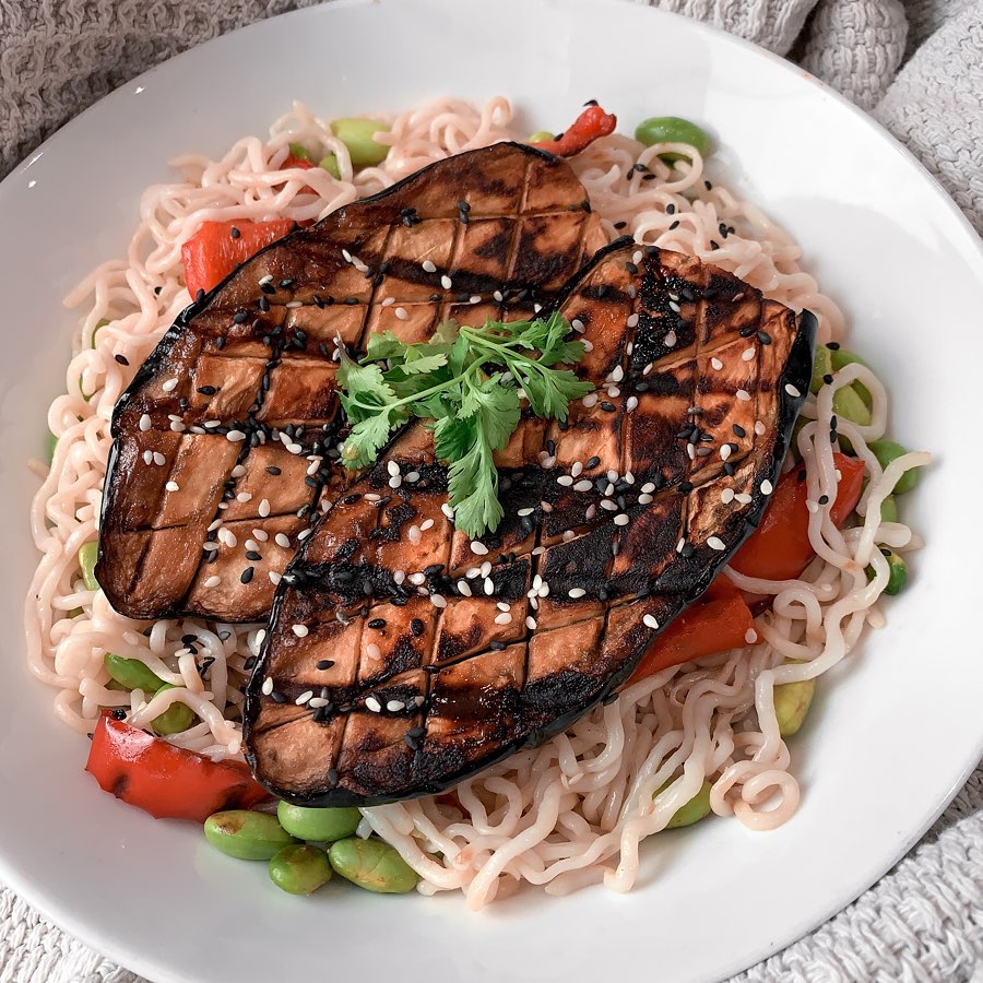 Miso Grilled Aubergine with Rice Noodles and Edamame
