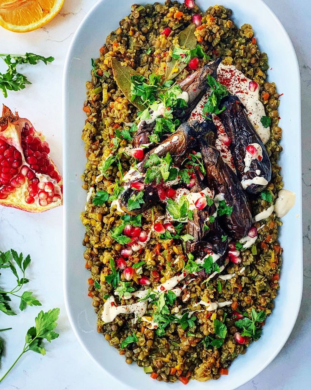 Quinoa Lentil Mujadara with Roasted Aubergines