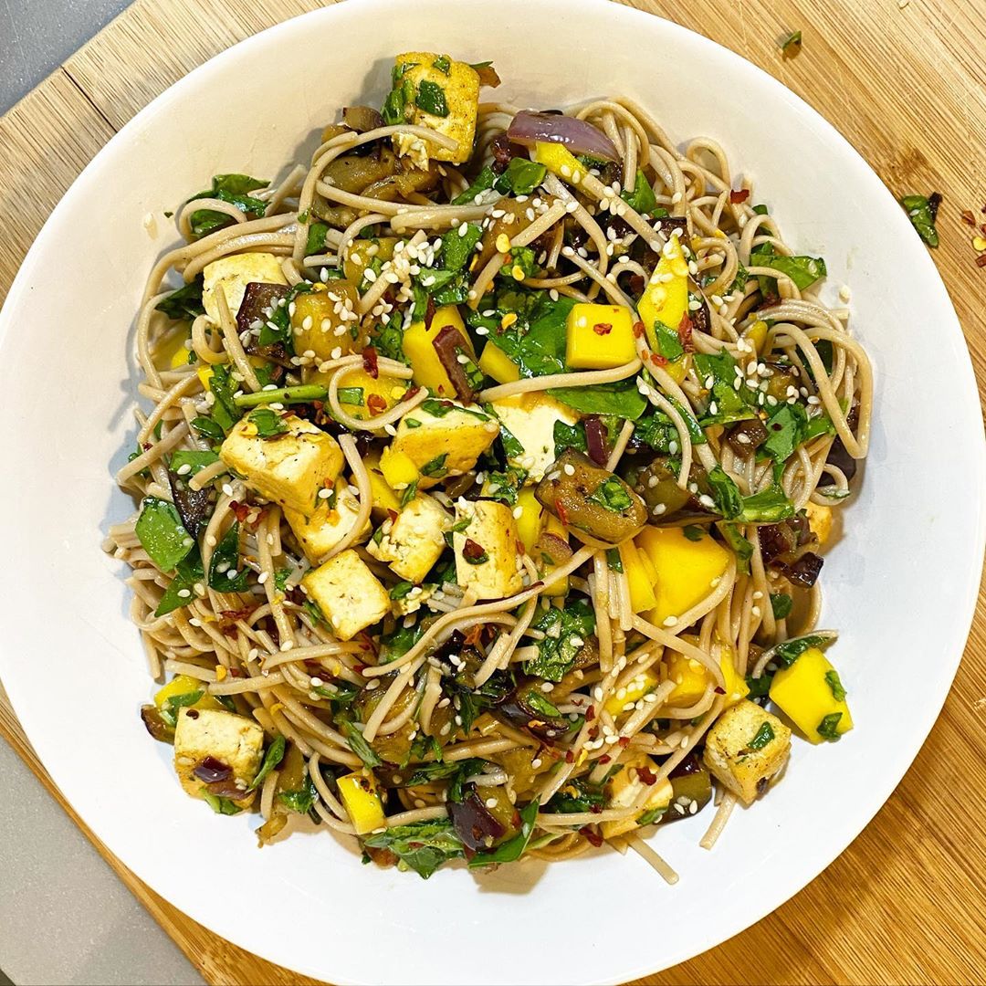Eggplant, Mango, and Tofu Soba Noodle Salad
