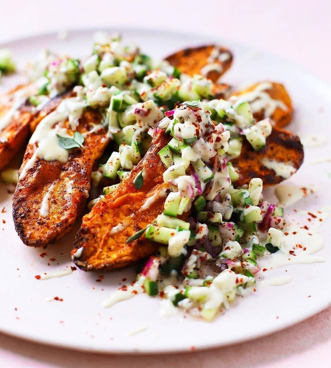 Spiced Sweet Potatoes with Cucumber Salsa and Garlic Tahini