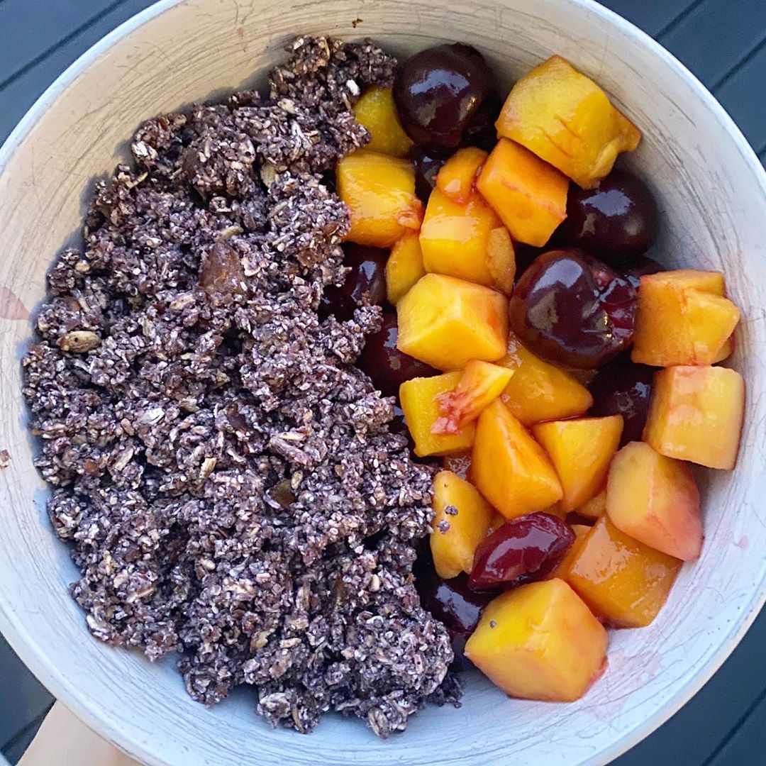 Blueberry Rawnola Bowl with Mango and Cherries