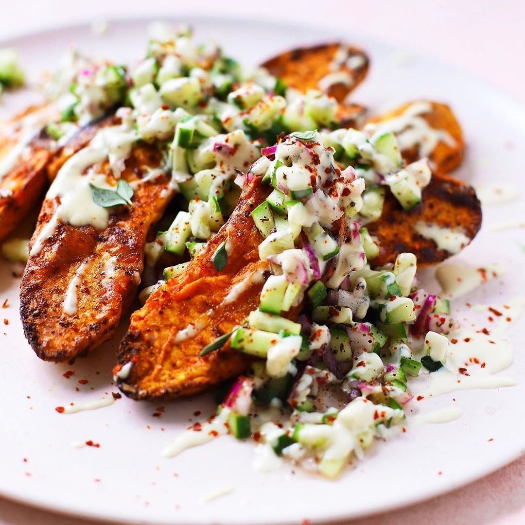 Spiced Sweet Potatoes with Cucumber and Sumac Salsa and Garlic Tahini