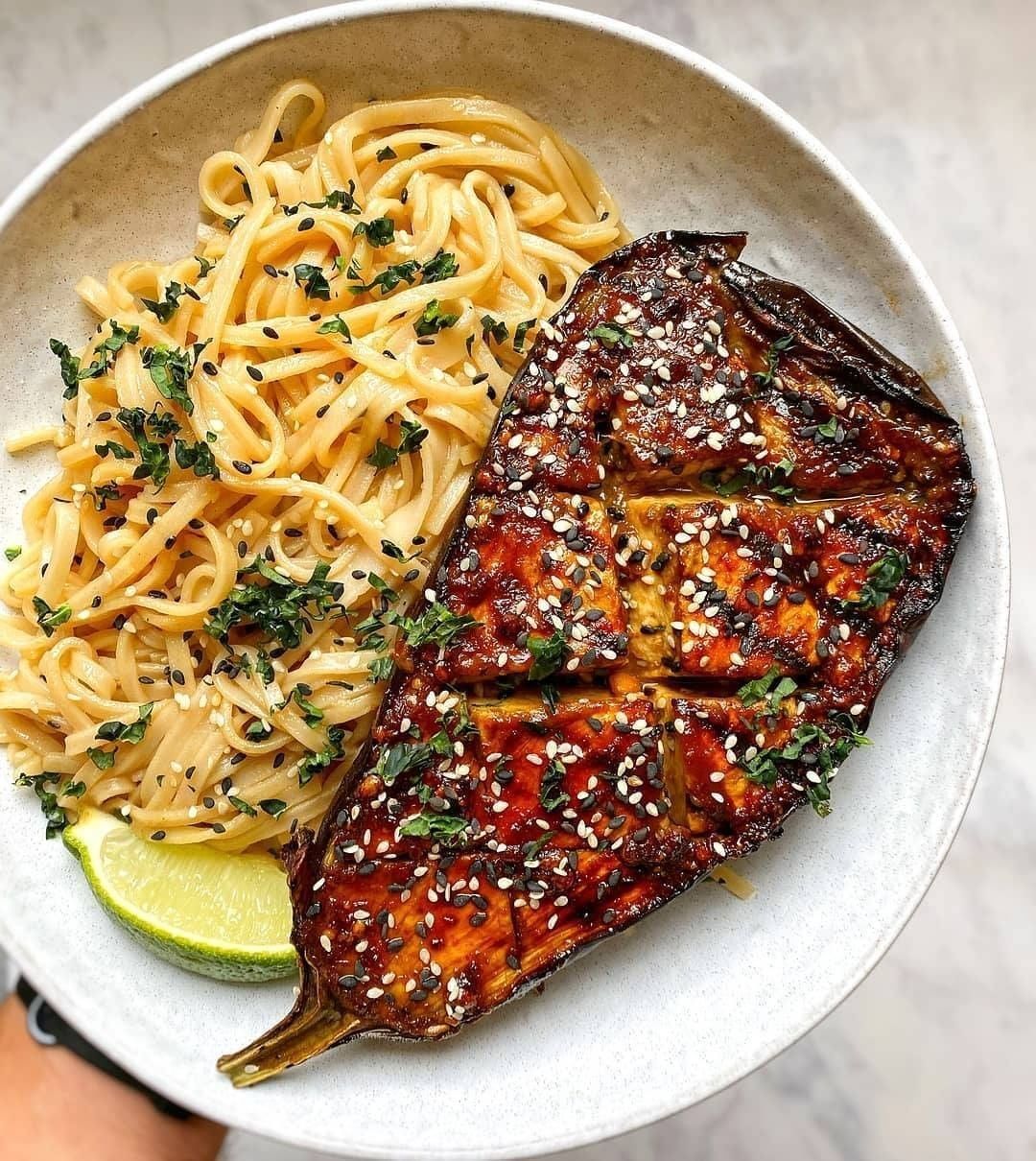 Peanut Butter Roasted Eggplant with Sesame Noodles