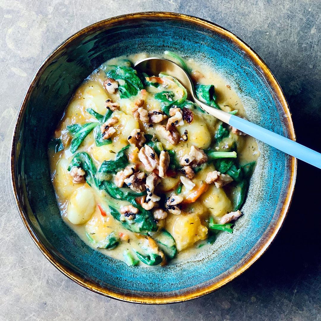 Creamy Butternut and Baby Spinach Gnocchi with Toasty Seeds and Nuts