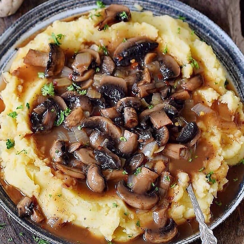 Mashed Potatoes with Hearty Mushroom Lentil Stew