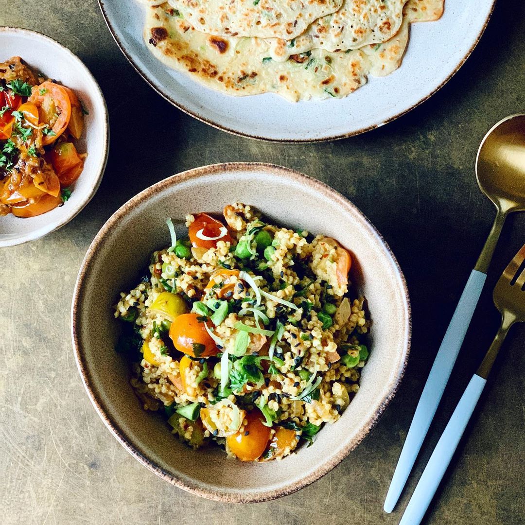 Millet Tomato and Pea Curry with Chickpea Crepes and Tomato Relish