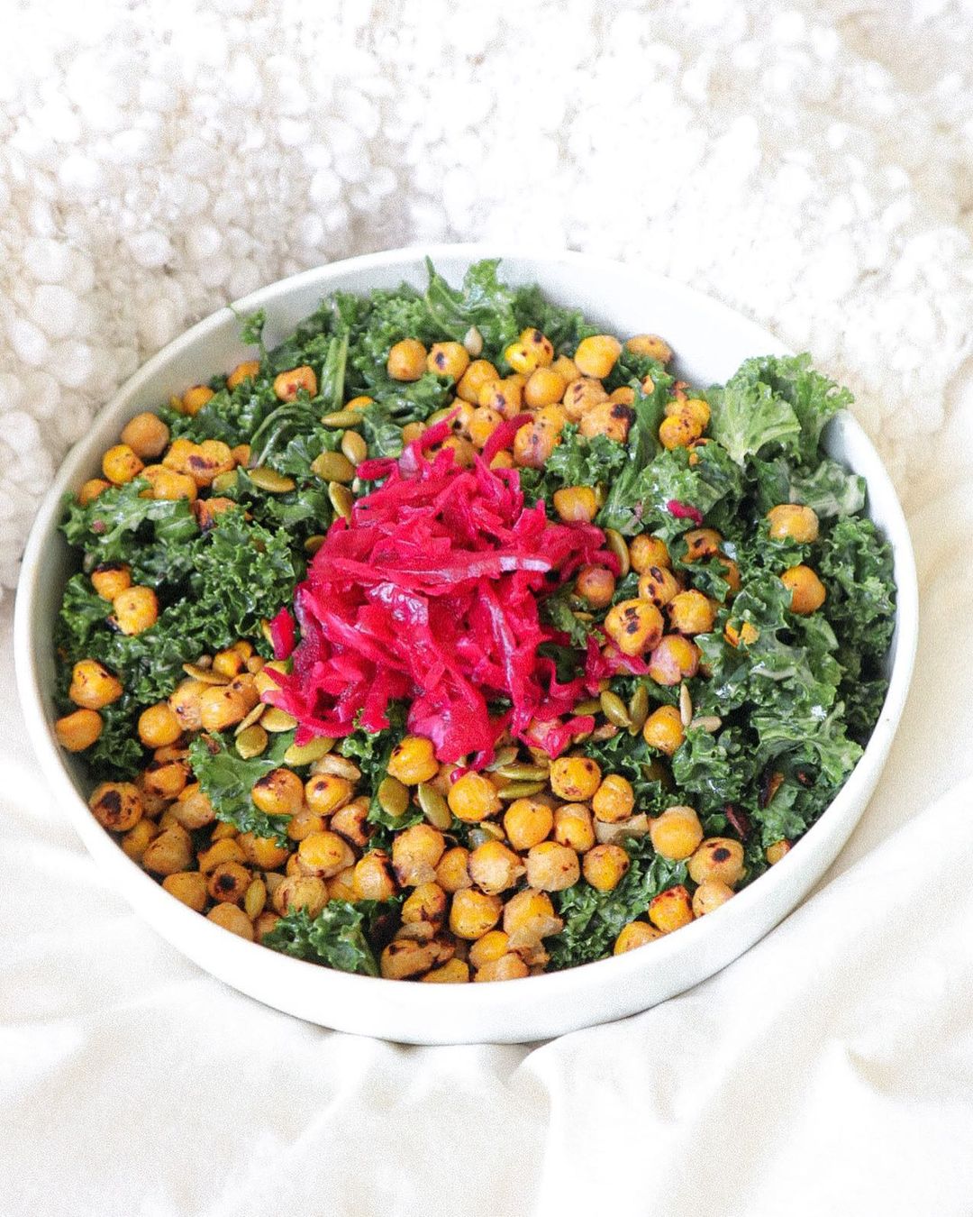 Garlic Chickpeas and Kale Salad with Red Sauerkraut