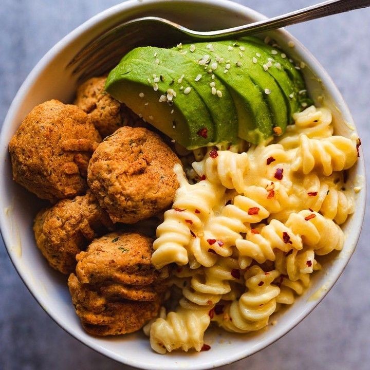 Chickpea Potato Balls with Cheesy Pasta