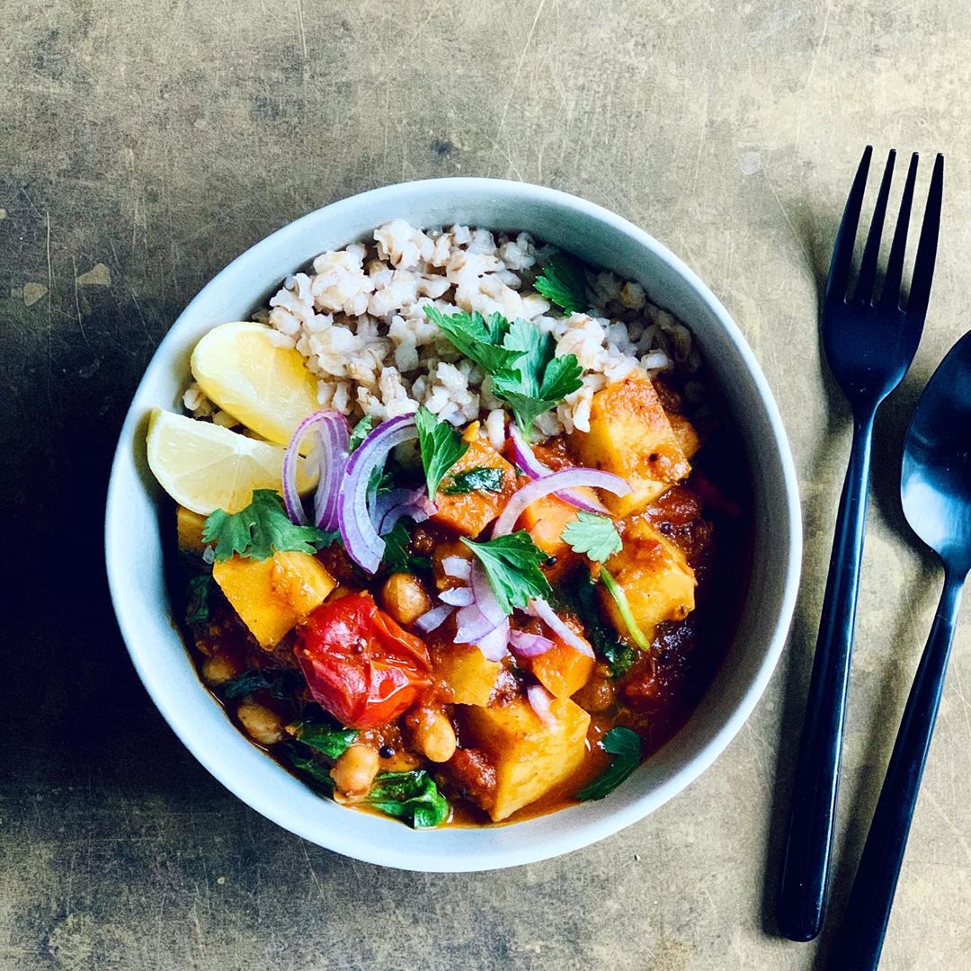 Chickpea Sweet Potato Cherry Tomato Barley Stew