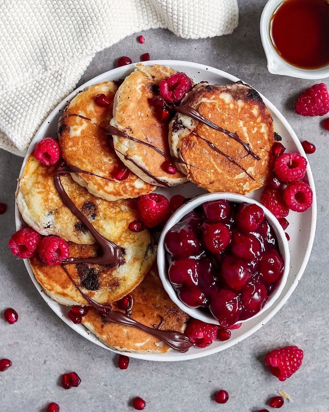 Fluffy Vegan Chocolate Chip Pancakes with Cherry Compote