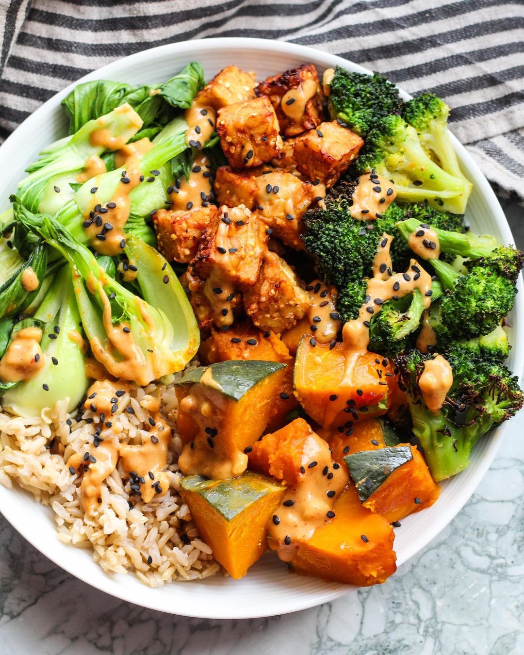 Baked Tempeh with Peanut Sauce and Steamed Vegetables
