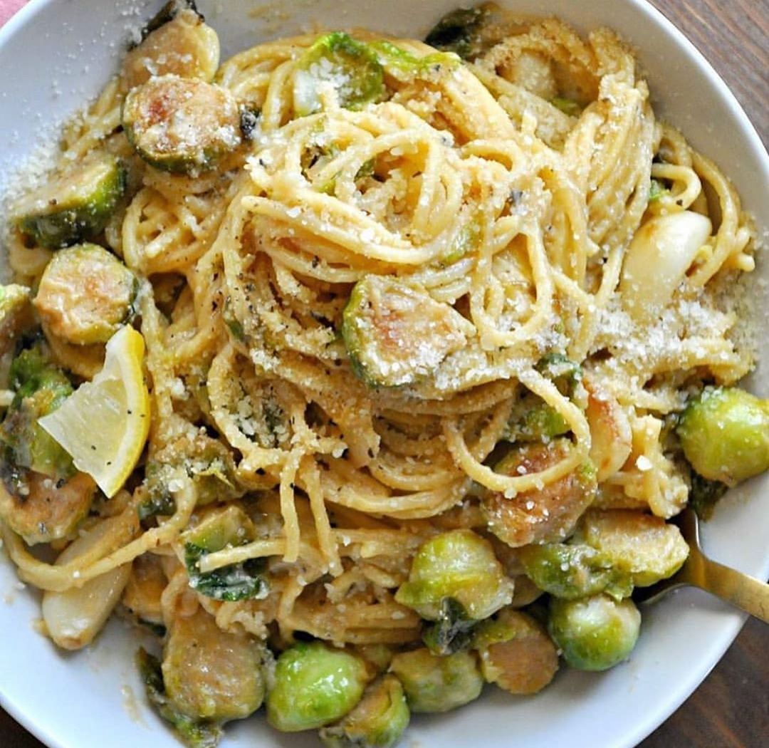 Vegan One Pot Creamy Garlic Brussels Sprouts Pasta
