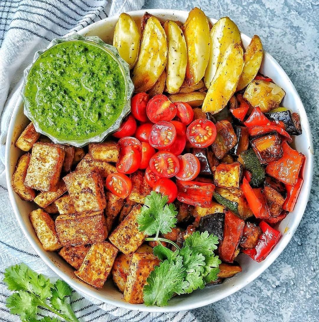 Crispy Baked Tofu with Vegetables, Fries, and Chimichurri