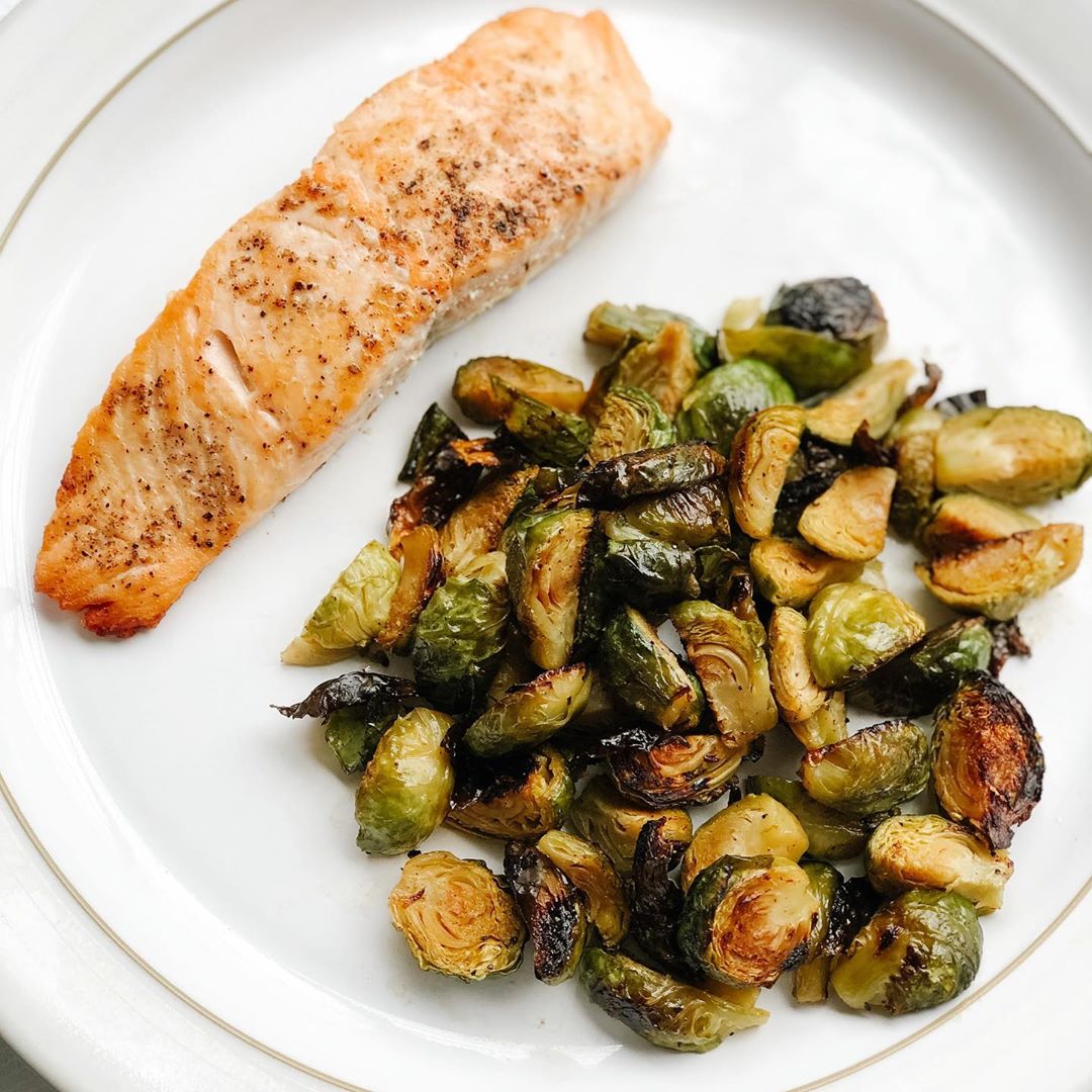 Hot and Honey Roasted Brussels Sprouts with Salmon