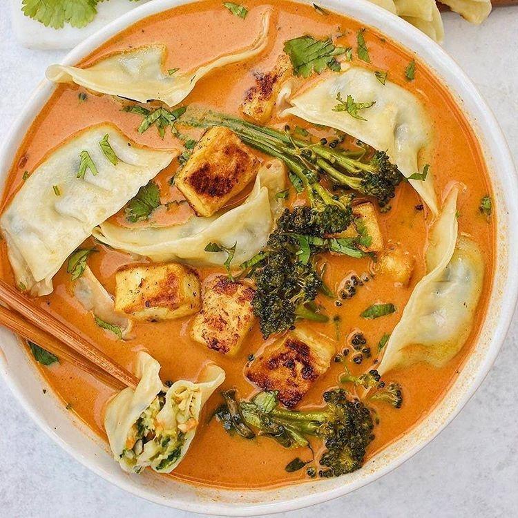 Creamy Red Curry with Veggie Gyoza