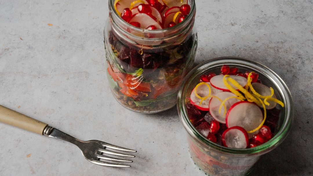 Red Rainbow Layered Salad with Quinoa and Lentils