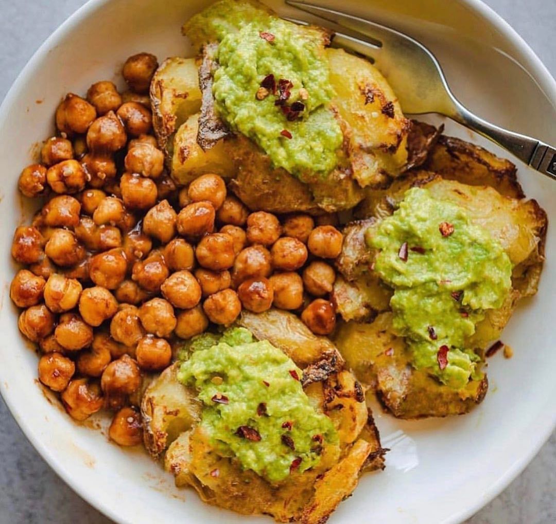Crispy Smashed Potatoes with Avocado and Bbq Chickpeas
