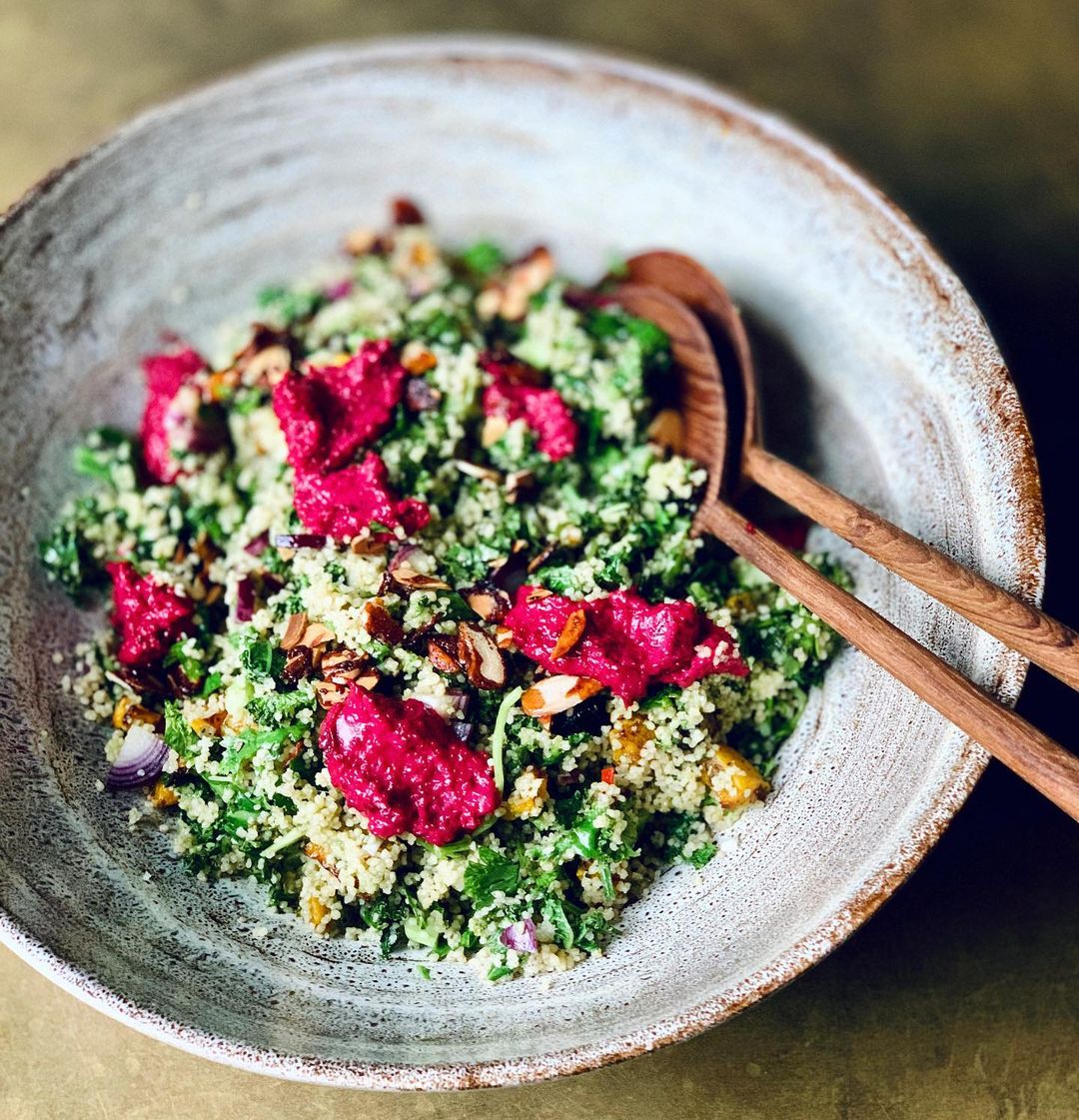 Roast Kale and Butternut Couscous Salad with Beetroot Hummus