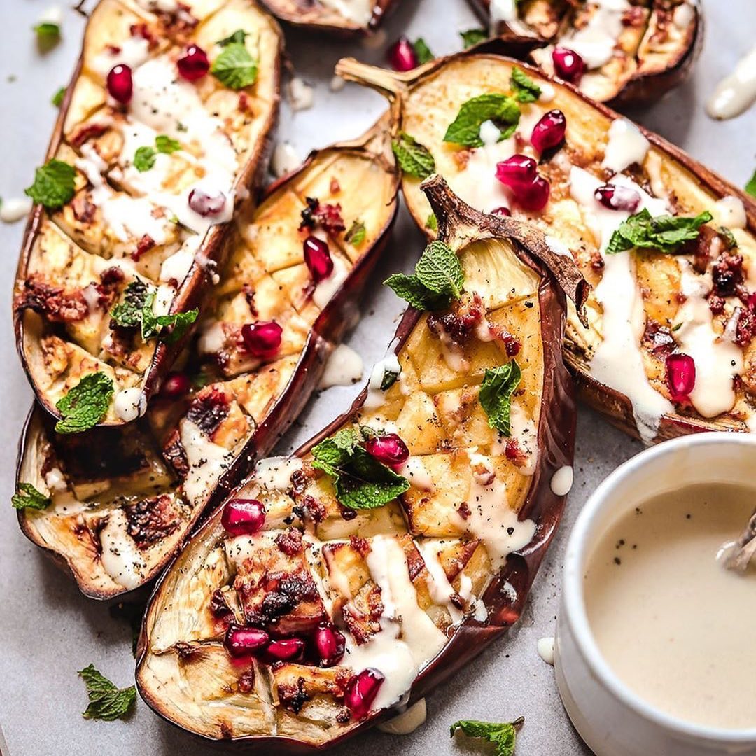Garlicky Roasted Eggplant with Citrus Tahini Dressing