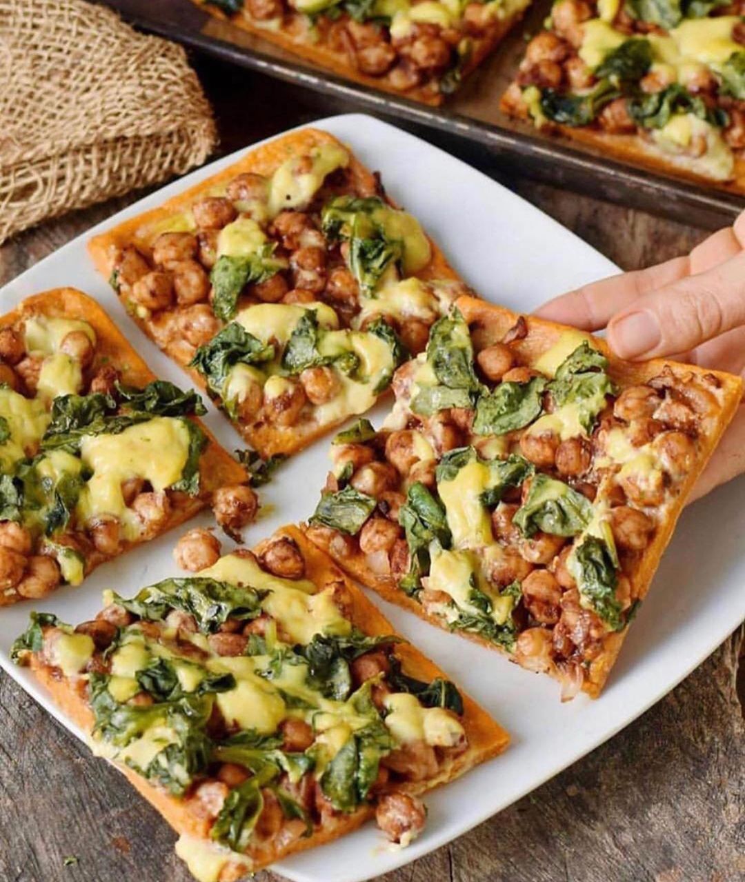 Chickpea Spinach Pizza with a Sweet Potato Crust