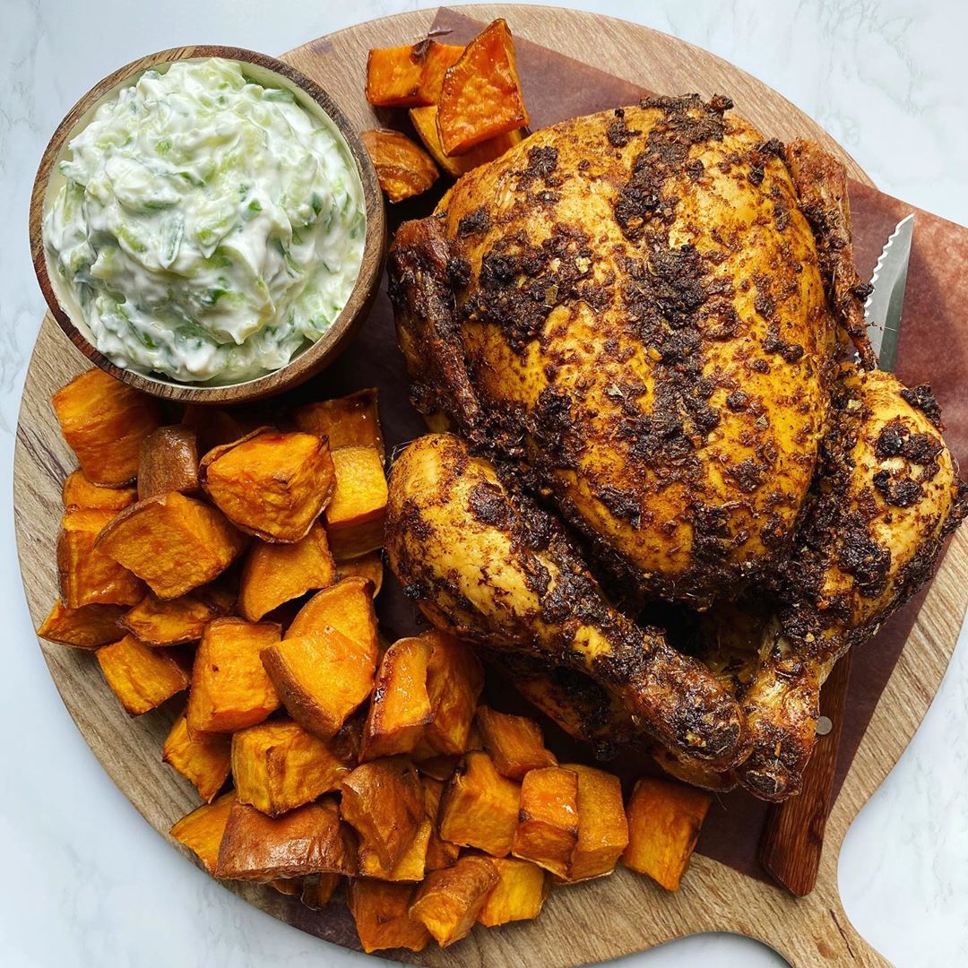 Spiced Roast Chicken with Sweet Potatoes and Tzatziki