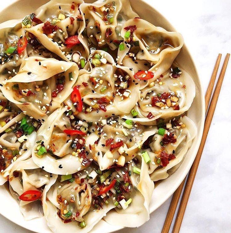 Chestnut Mushroom Dumplings with Tangy Spicy Sauce