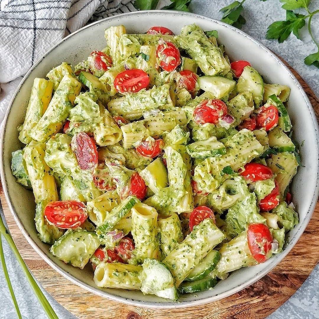 Rigatoni Salad with Tomato, Cucumber, and Avocado Pesto