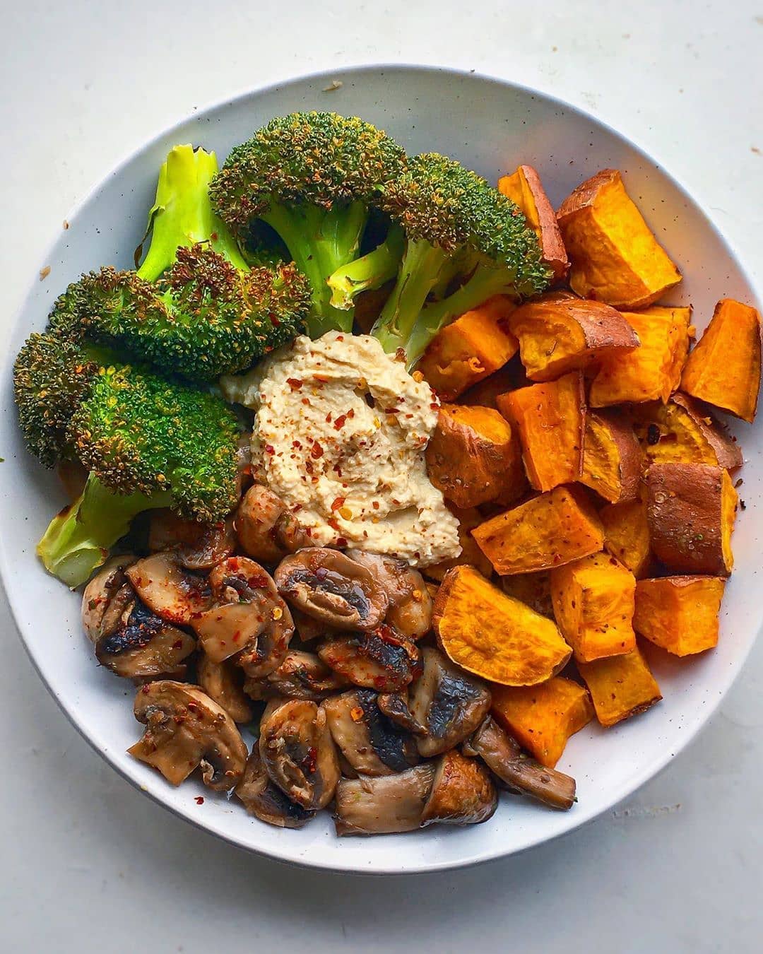 Roasted Sweet Potato and Broccoli with Garlic Mushrooms