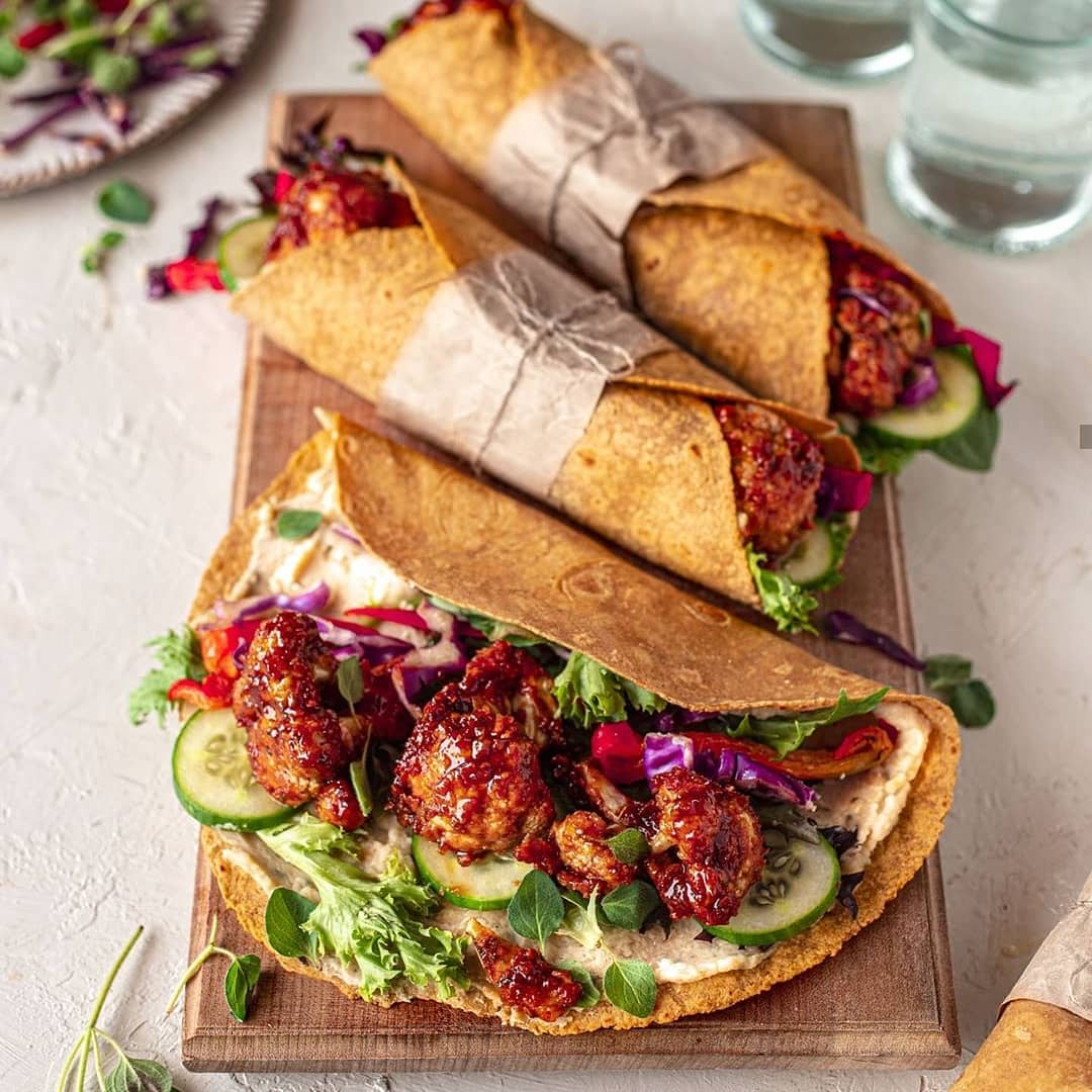 Maple BBQ Cauliflower Wraps with Herby Butterbean Sauce