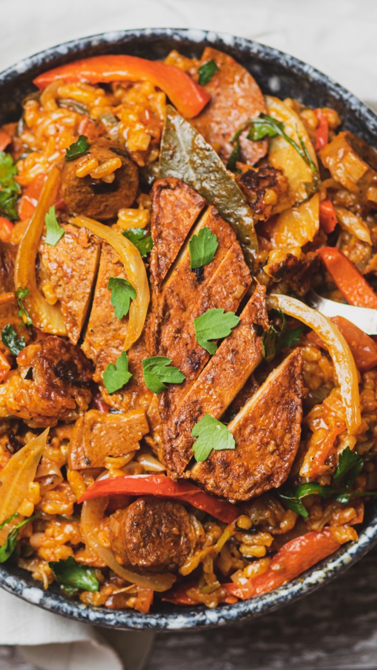 Vegan Paella with Fresh Vegetables and Herbs