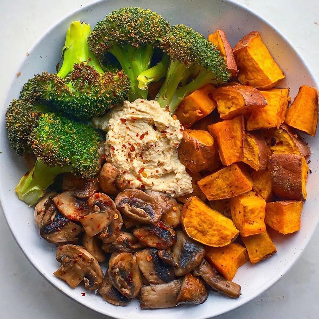 Roasted Sweet Potato Broccoli Bowl with Mushrooms and Hummus