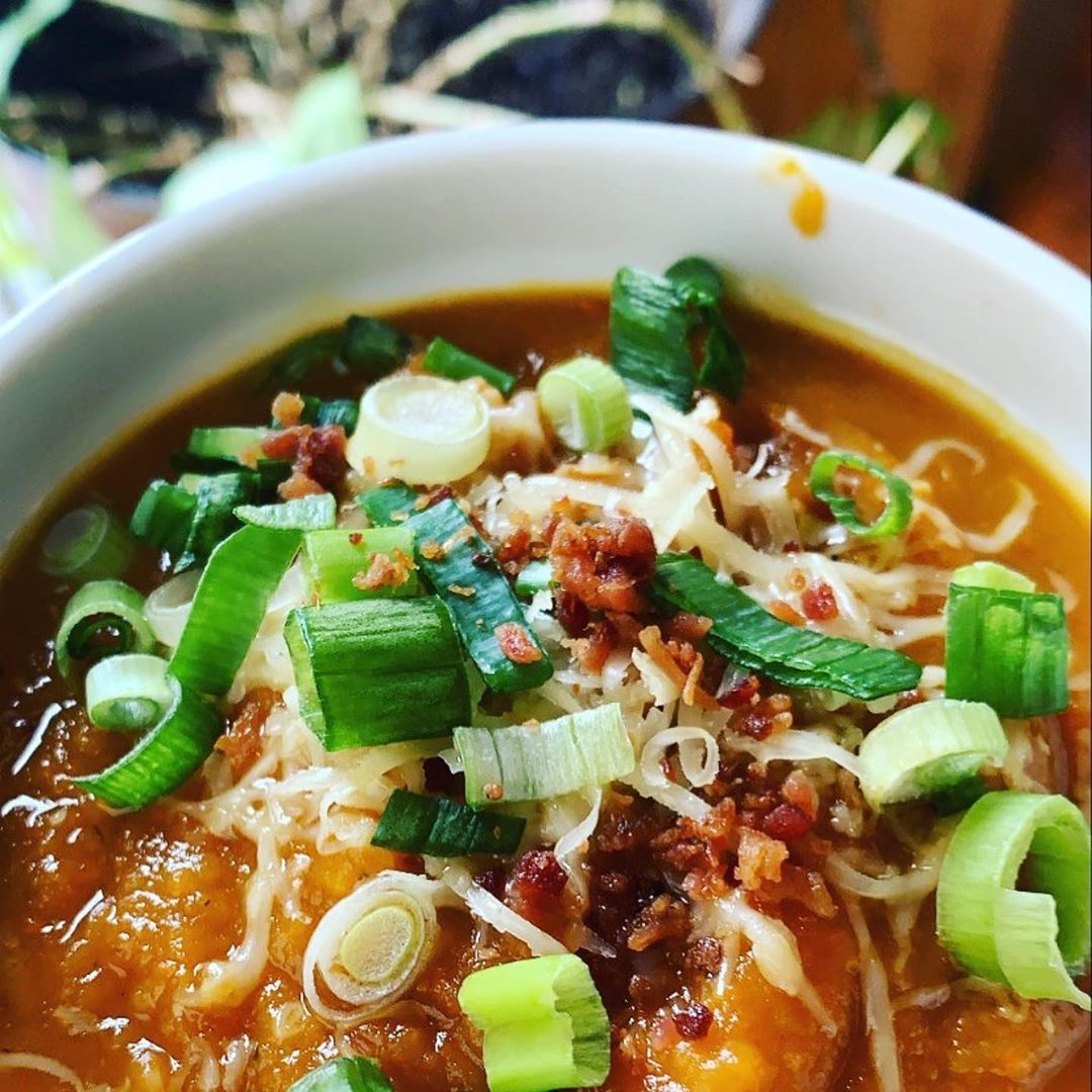Roasted Butternut Squash Soup with Bacon Pecans
