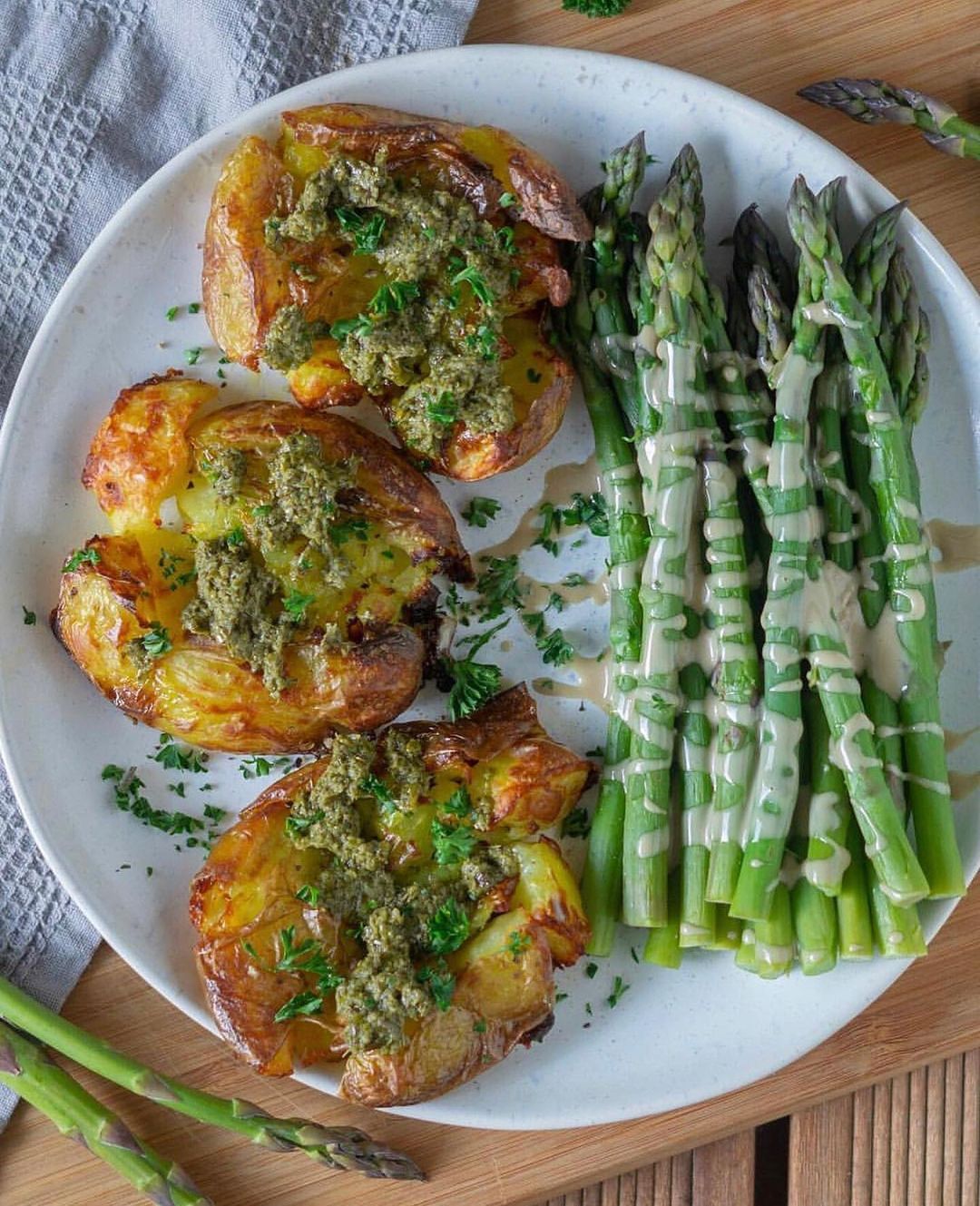 Crispy Baked Smashed Potatoes with Vegan Pesto