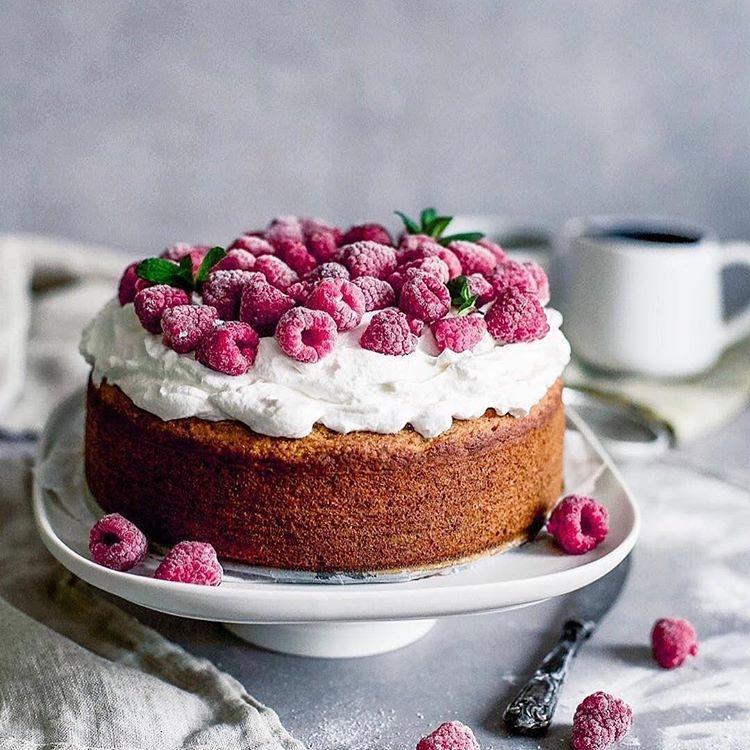 Vegan Cake with Whipped Cream and Raspberries