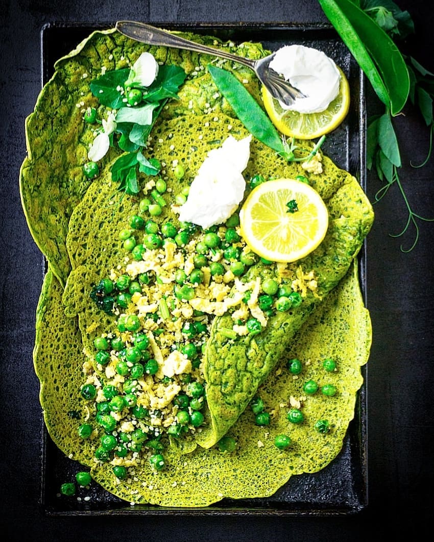 Spinach Crepes with Tofu and Pea Filling