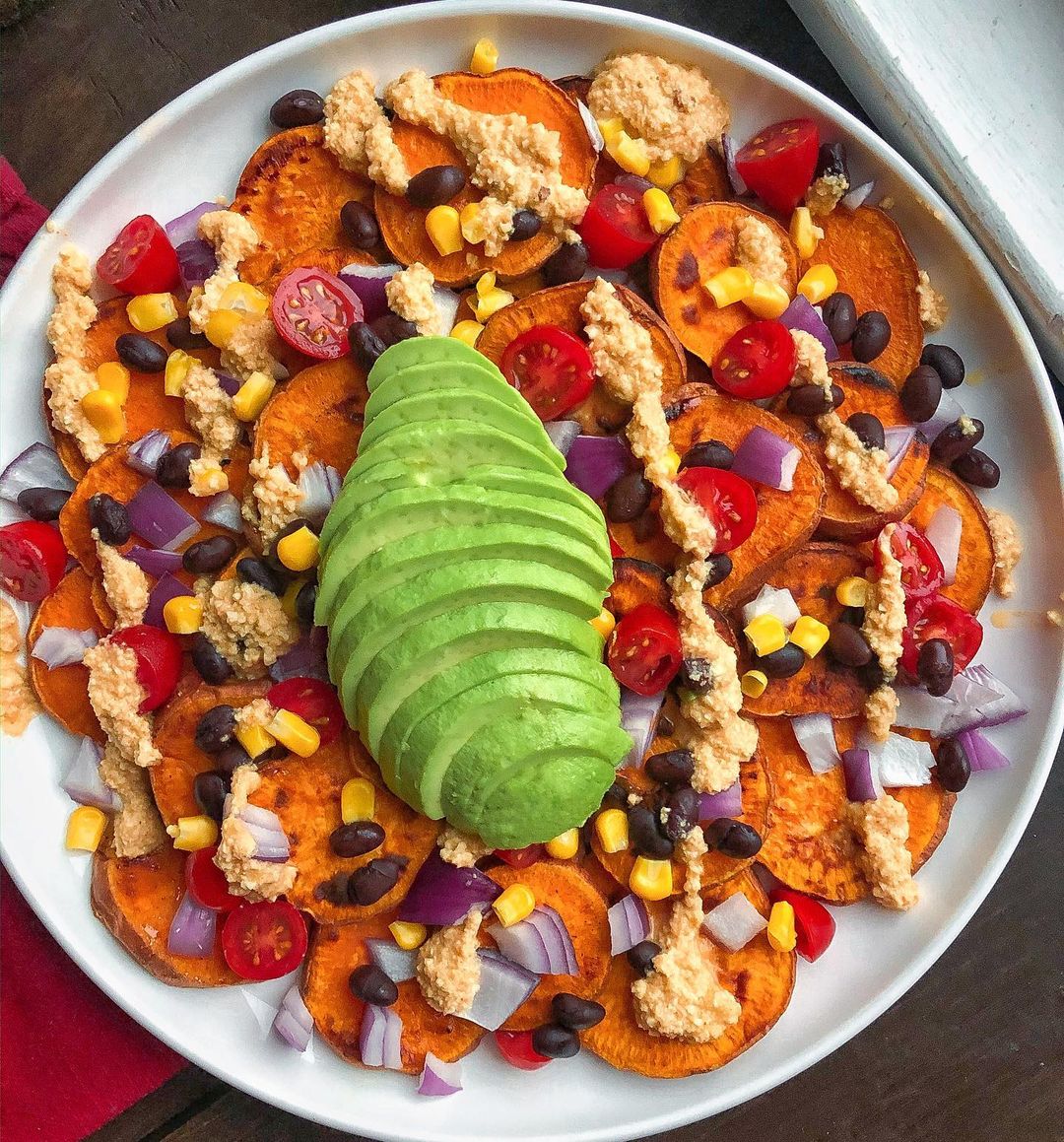 Buffalo Cashew Cheese Sweet Potato Nachos