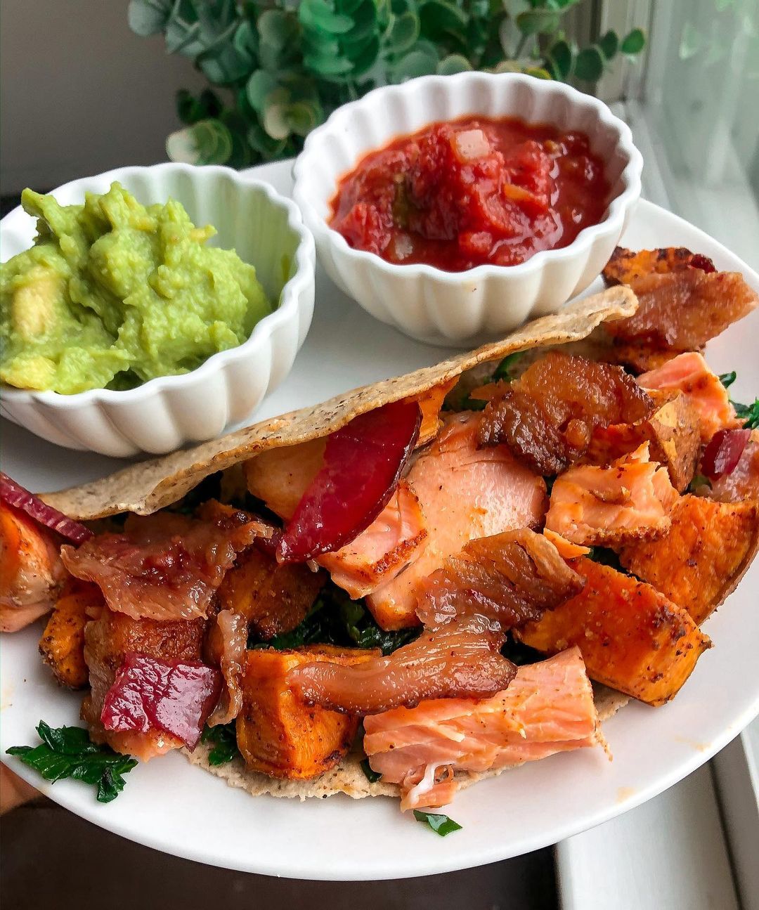 Spicy Salmon Tacos with Bacon and Sweet Potatoes